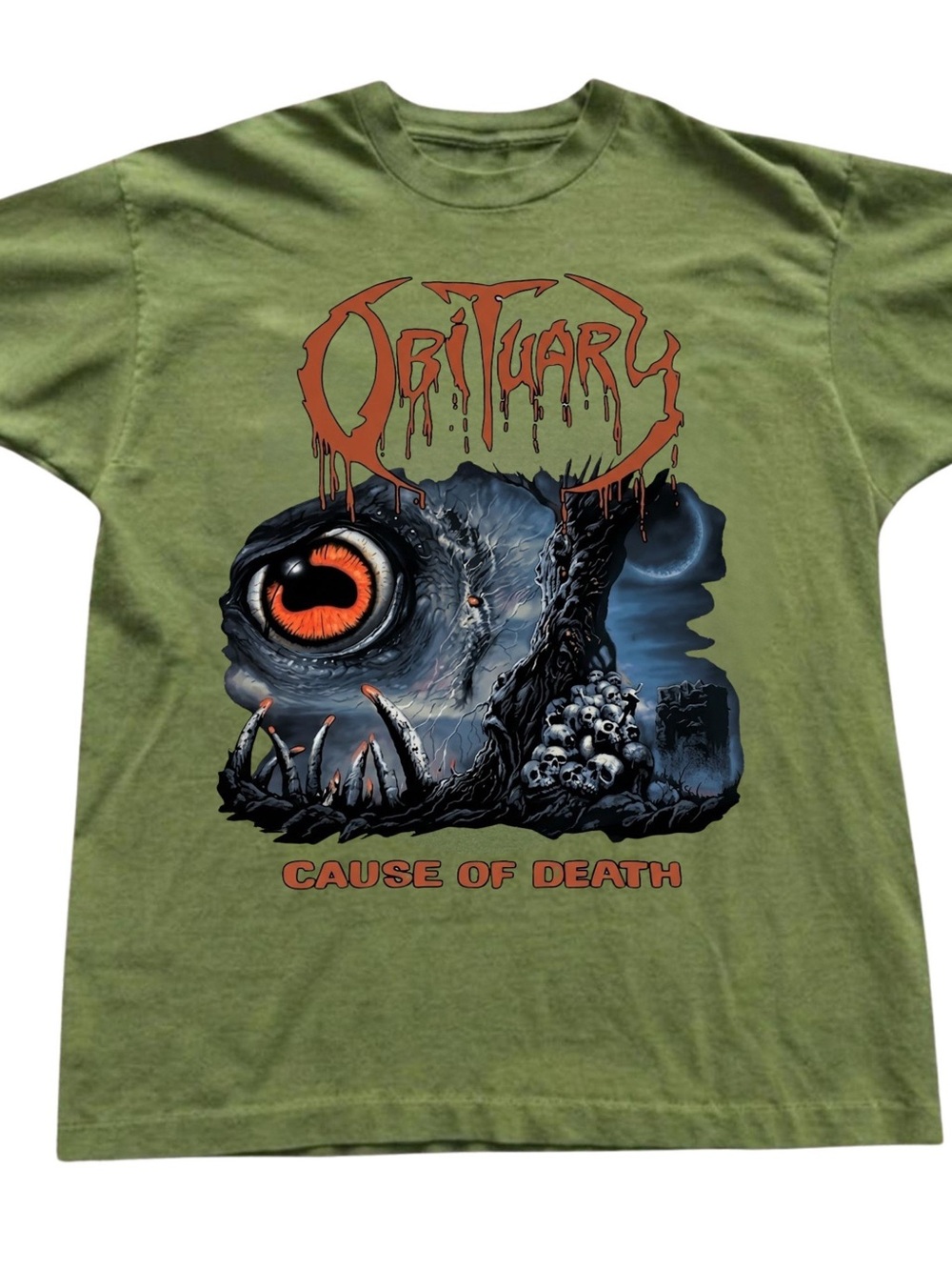Gildan Olive Green 'Cause of Death' Graphic Tee with Orange Accents